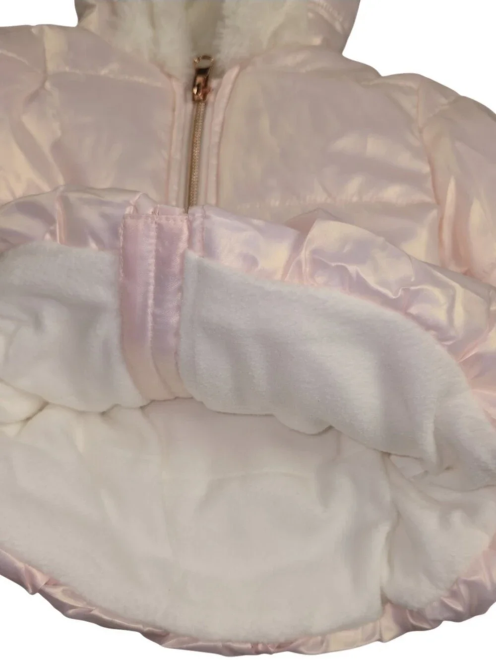 First Impressions Baby Girls Pink Iridescent Puffer Jacket Faux Fur Hood 3-6 M